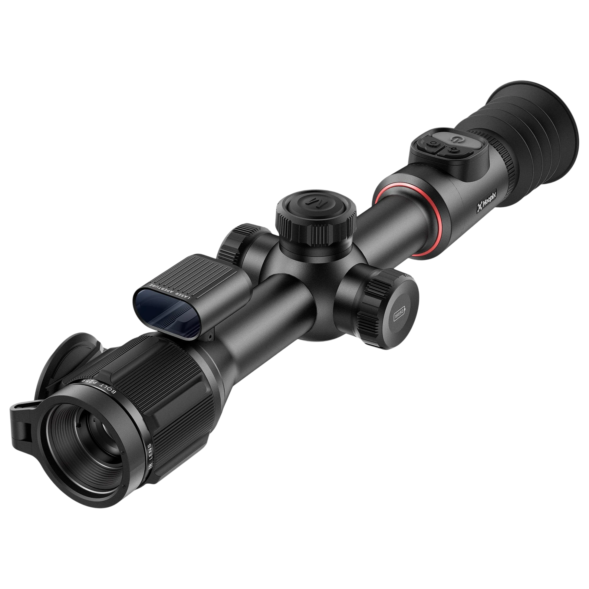 Night Raider BOLT P25R thermal riflescope with 30mm tube, integrated laser rangefinder, and red accent ring.