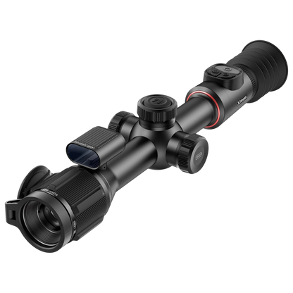 Night Raider BOLT P25R thermal riflescope with 30mm tube, integrated laser rangefinder, and red accent ring.