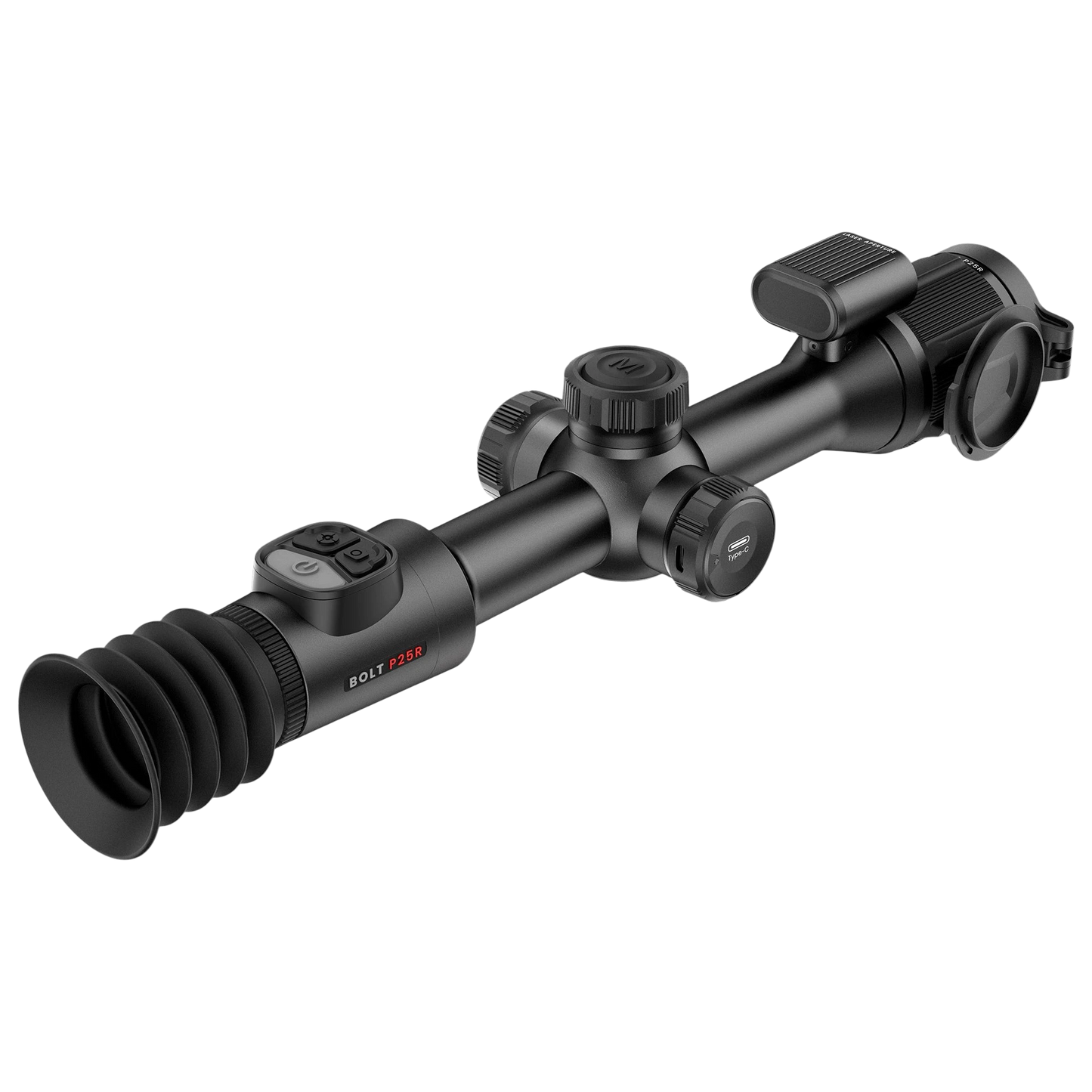 Night Raider BOLT P25R thermal riflescope with 3.5x optical zoom and integrated laser rangefinder, black aluminum.