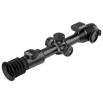 Night Raider BOLT P25R thermal riflescope with 3.5x optical zoom and integrated laser rangefinder, black aluminum.