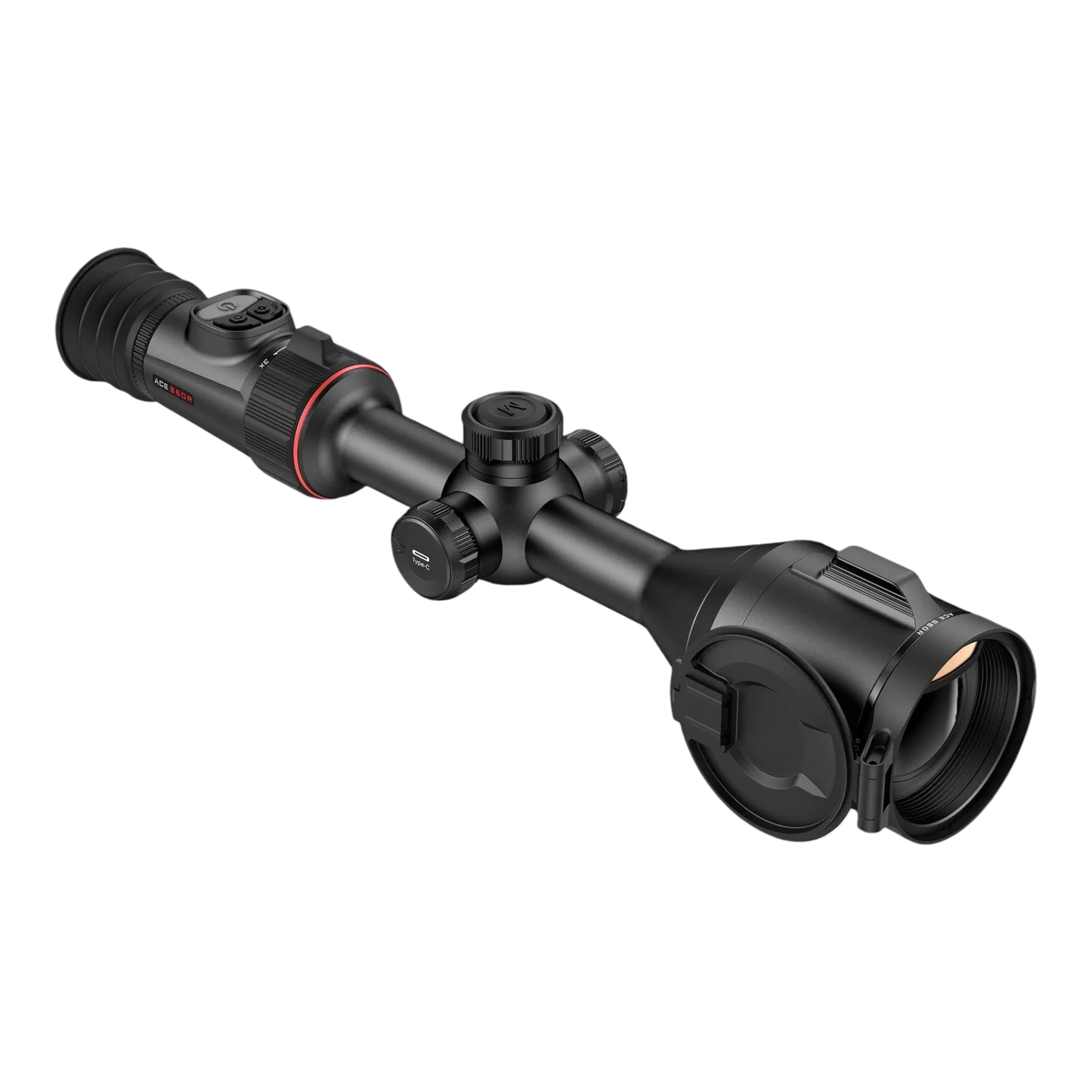 Night Raider Nocpix ACE S60R thermal riflescope with 60mm lens, digital controls, and red accents. Ideal for long-range hunting.