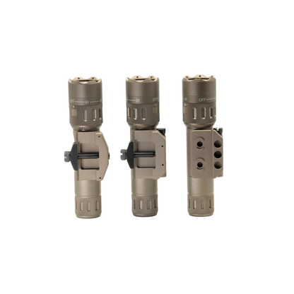 Night Raider WMX200 tactical weapon light with white light and IR illuminator, tan aluminum construction.