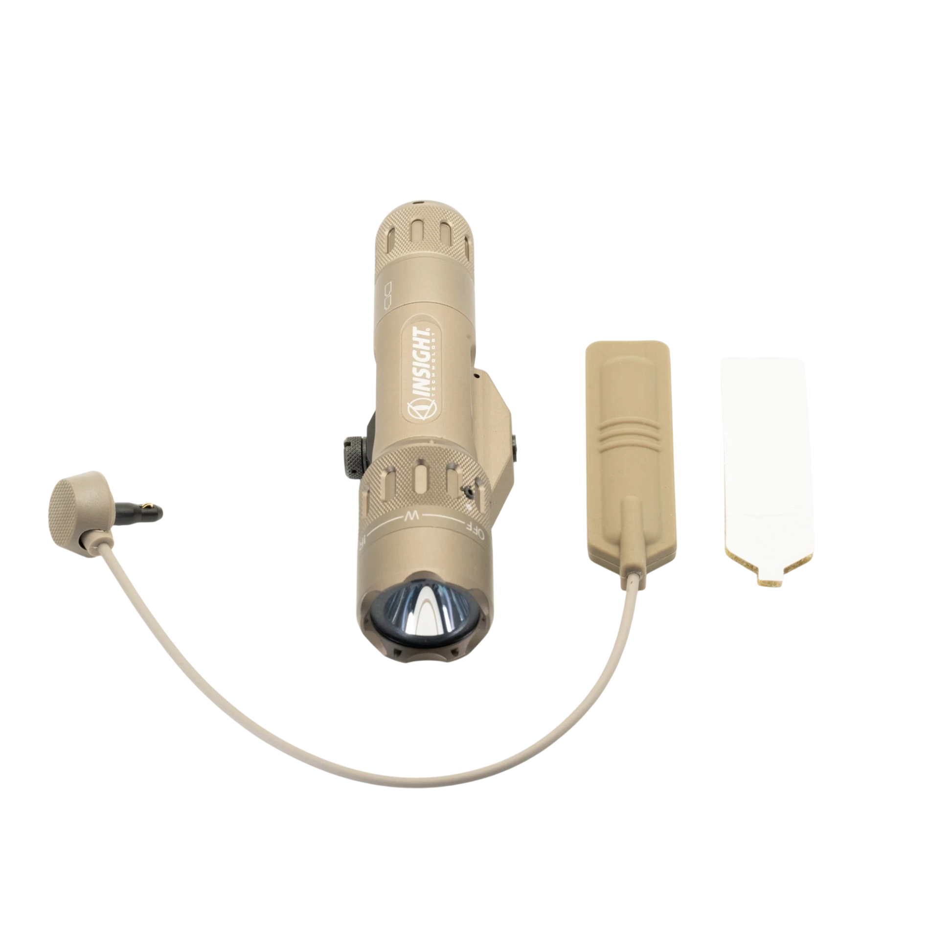 Night Raider WMX200 tactical weapon light in tan aluminum with white light and IR illuminator, includes remote switch.