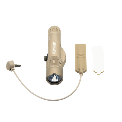 Night Raider WMX200 tactical weapon light in tan aluminum with white light and IR illuminator, includes remote switch.