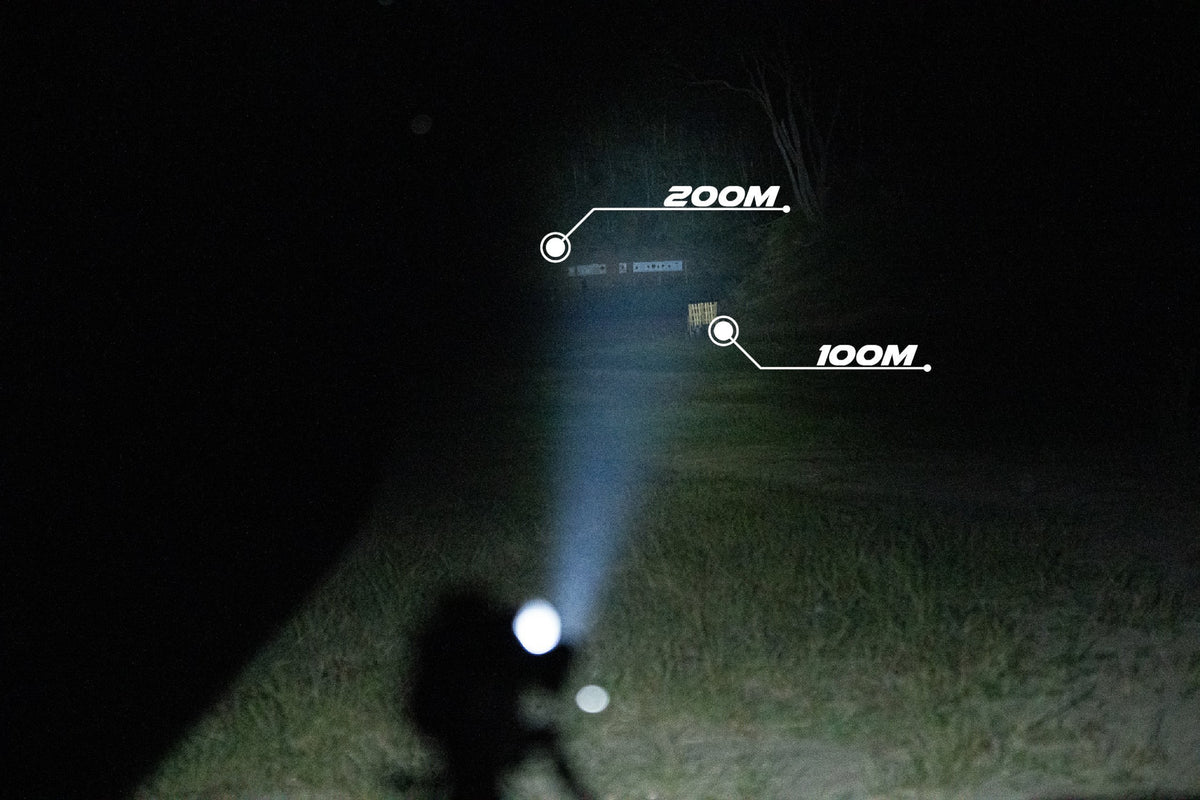 Night Raider WMX200 tactical weapon light illuminating targets at 100m and 200m in the dark.