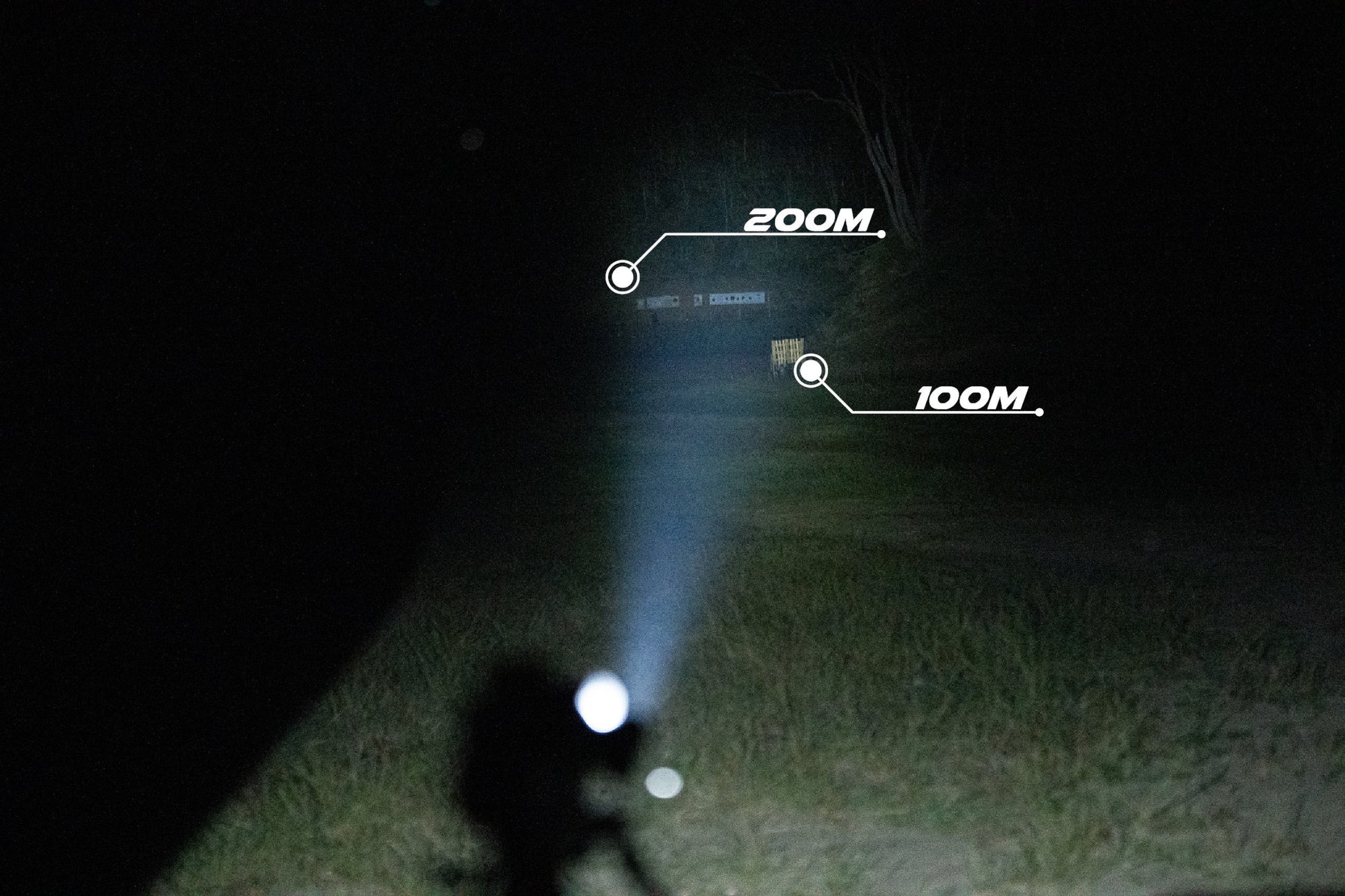 Night Raider WMX200 tactical weapon light illuminating targets at 100m and 200m in the dark.